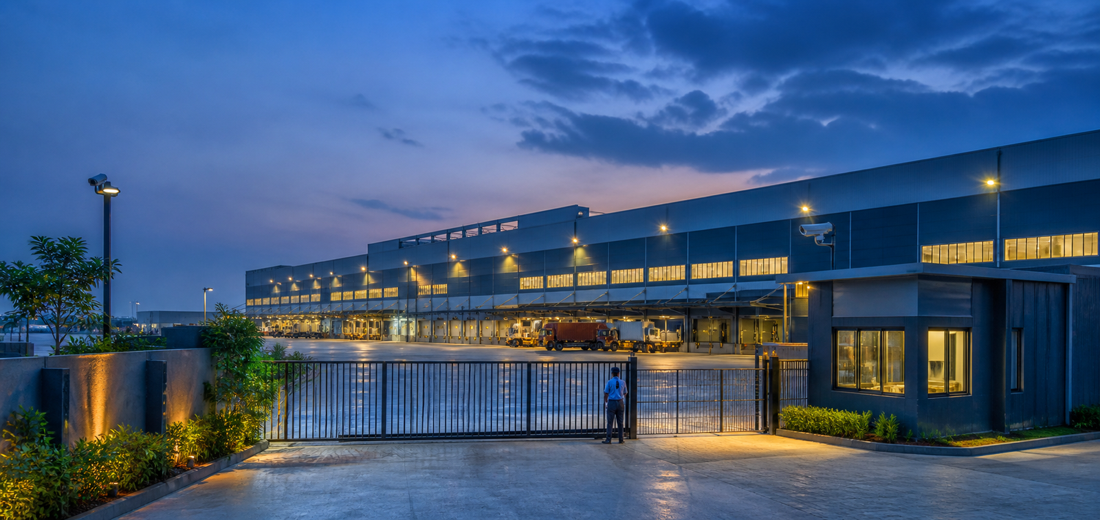Secured industrial warehouse with perimeter surveillance at blue hour